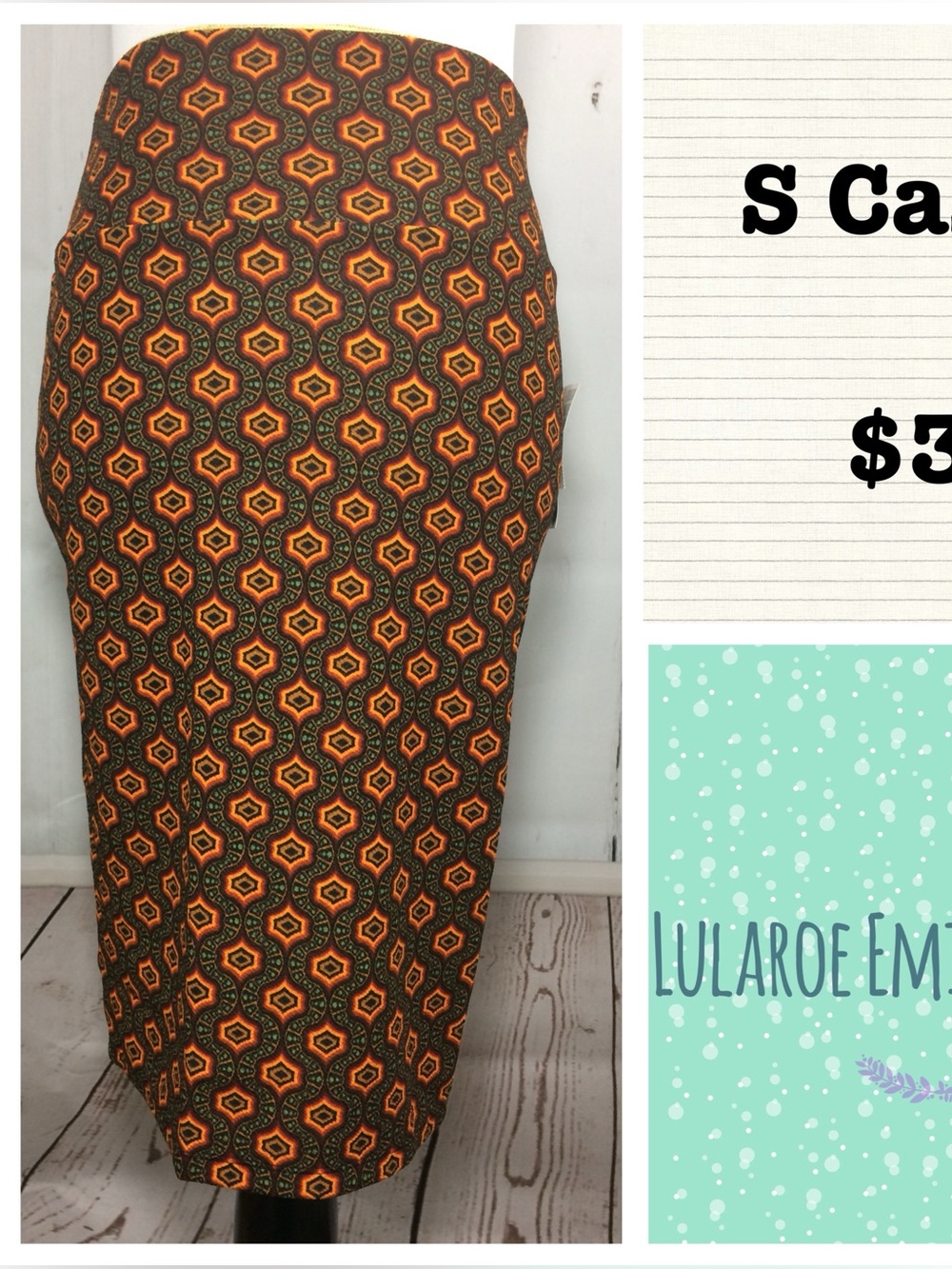 LuLaRoe Pencil Skirt in Orange, Brick Red, Black & Green Geometric Print